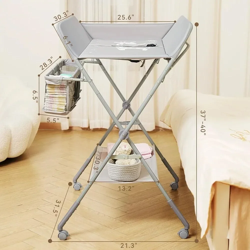 KARAOK Baby Changing Table w/ Wheels 4-Level Height Storage Grey Open Box